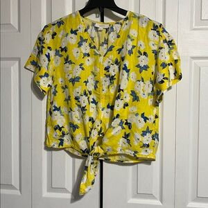 Charter Club luxury linen casual yellow floral top shirt blouse size LARGE